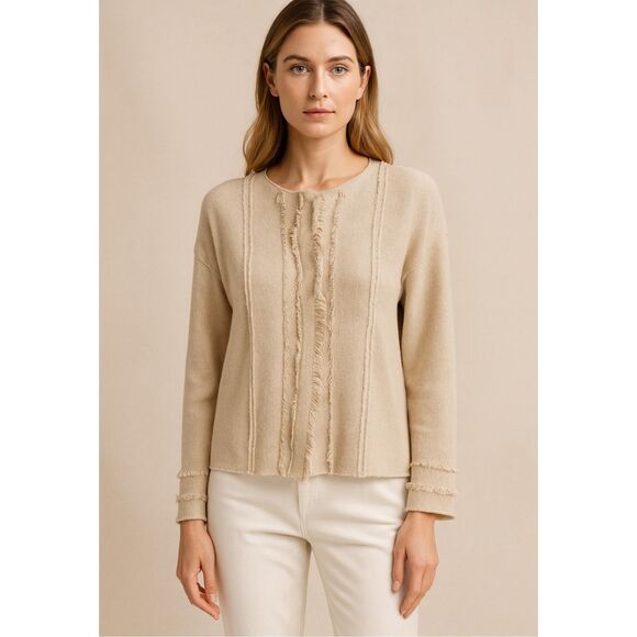 Lamberto Losani Beige Cashmere Cotton Fringe Snap Cardigan Jacket Medium - Picture 1 of 8